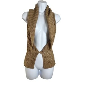 American Attitudes Y2K Tan Open Knit Shawl Collar Sweater Vest Small 21905